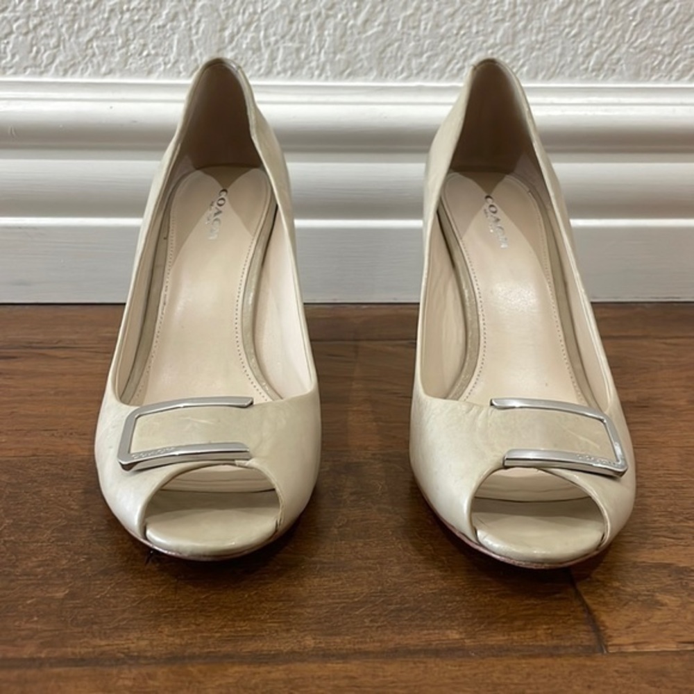 Coach Kellen Taupe Leather Peep Toe Wedge Heels